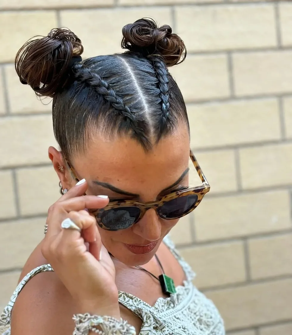 shoulder braids brunette bun shown as a space buns idea