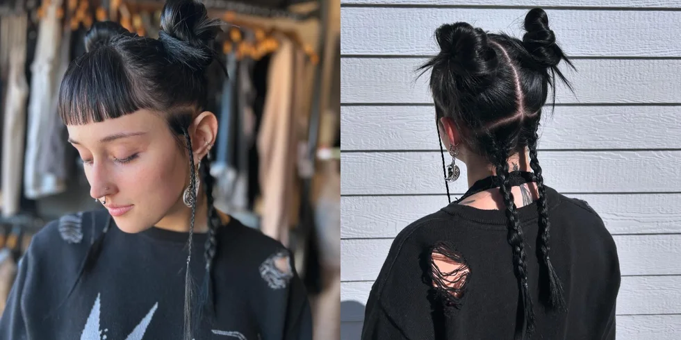 shoulder braids black bun shown as a space buns idea