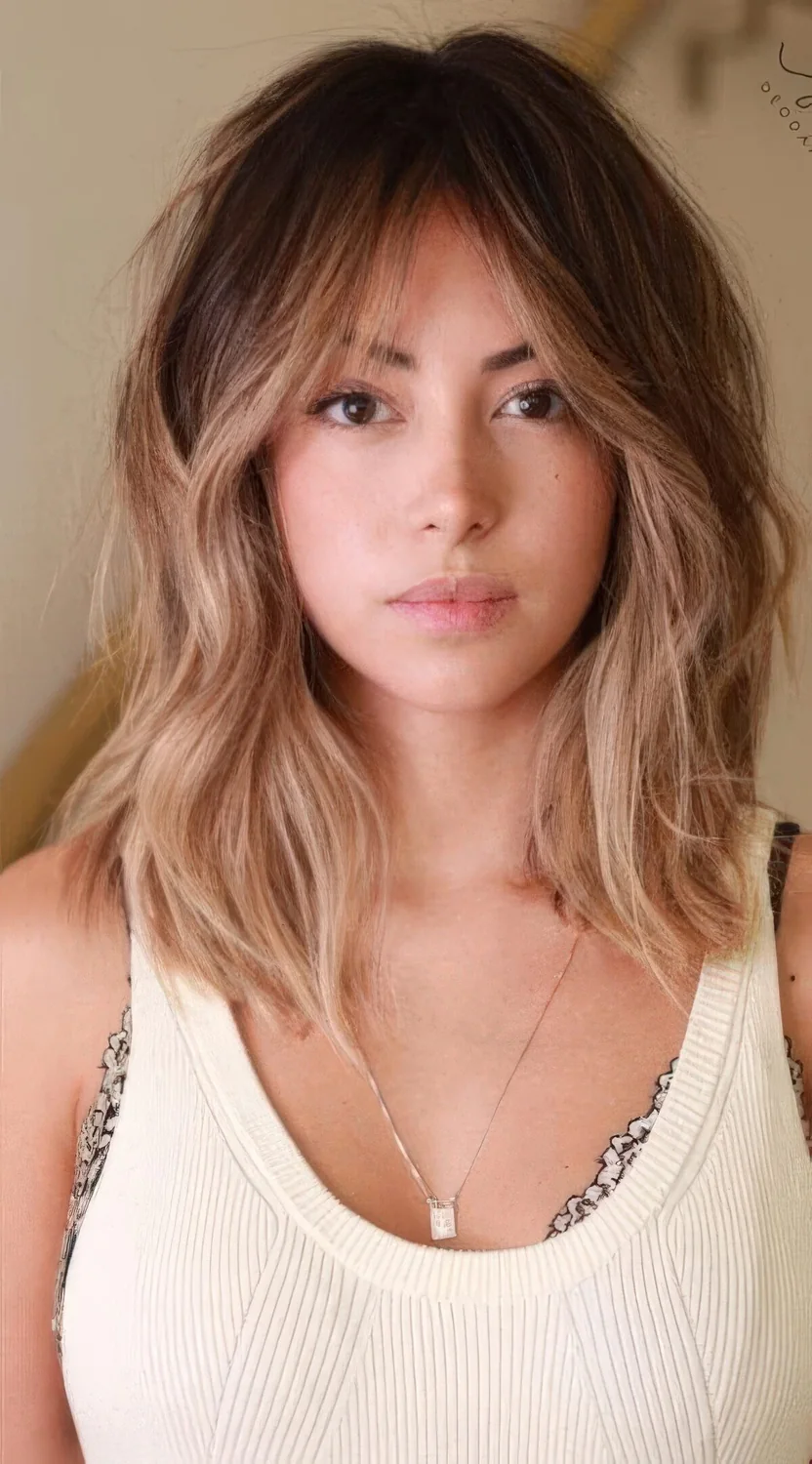 Dark shoulder-length hair with mushroom balayage that.