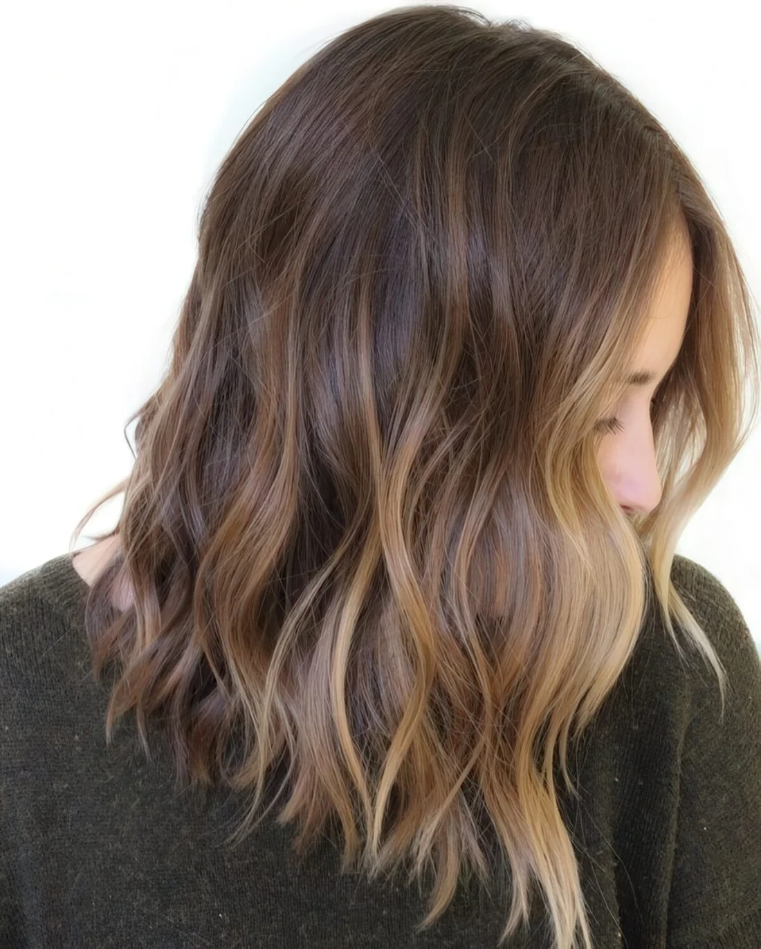 Rich brown wavy hair with chic sunkissed balayage and waves.