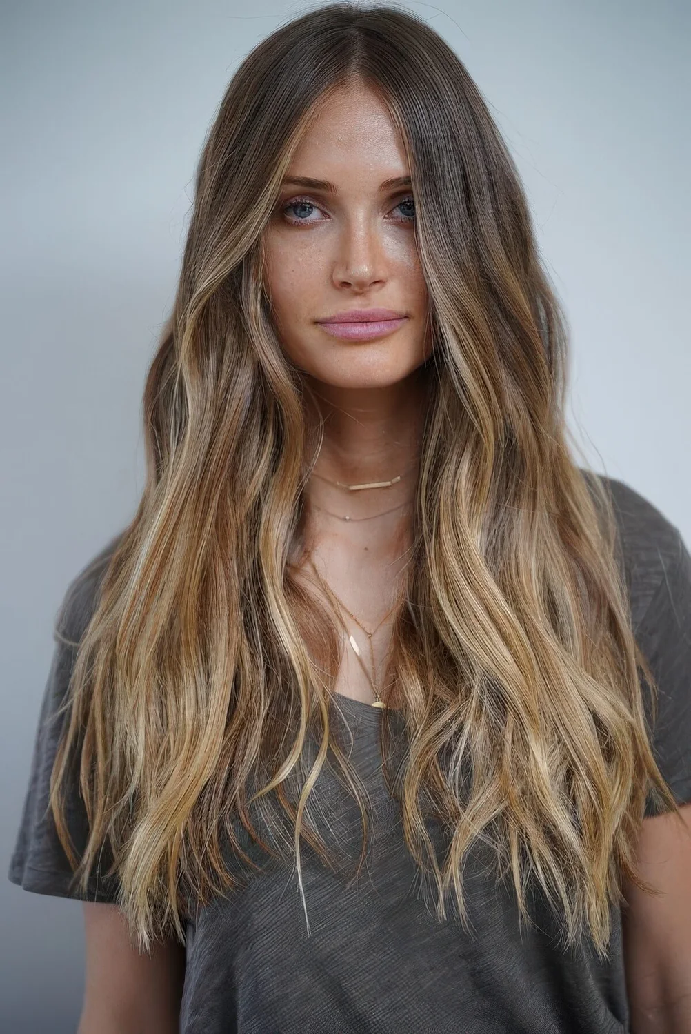 Light brunette hair with long honey blonde highlights and waves.