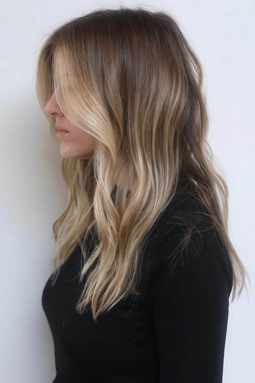 Light brunette hair with sunkissed blonde highlights and with waves.