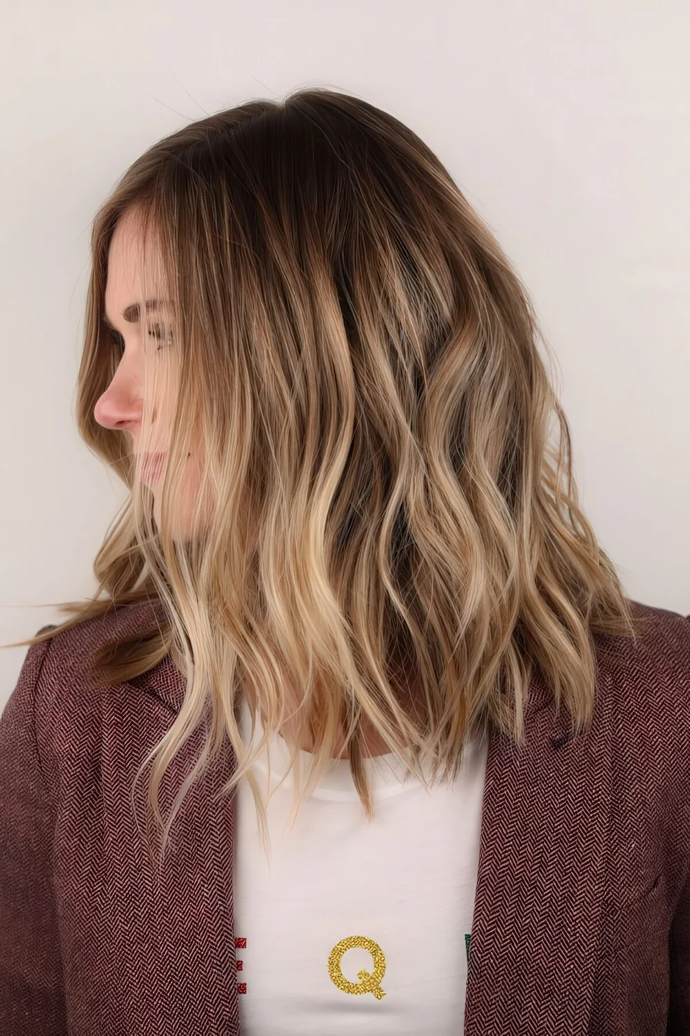 Sunkissed blonde hair with a darker root and slight waves.