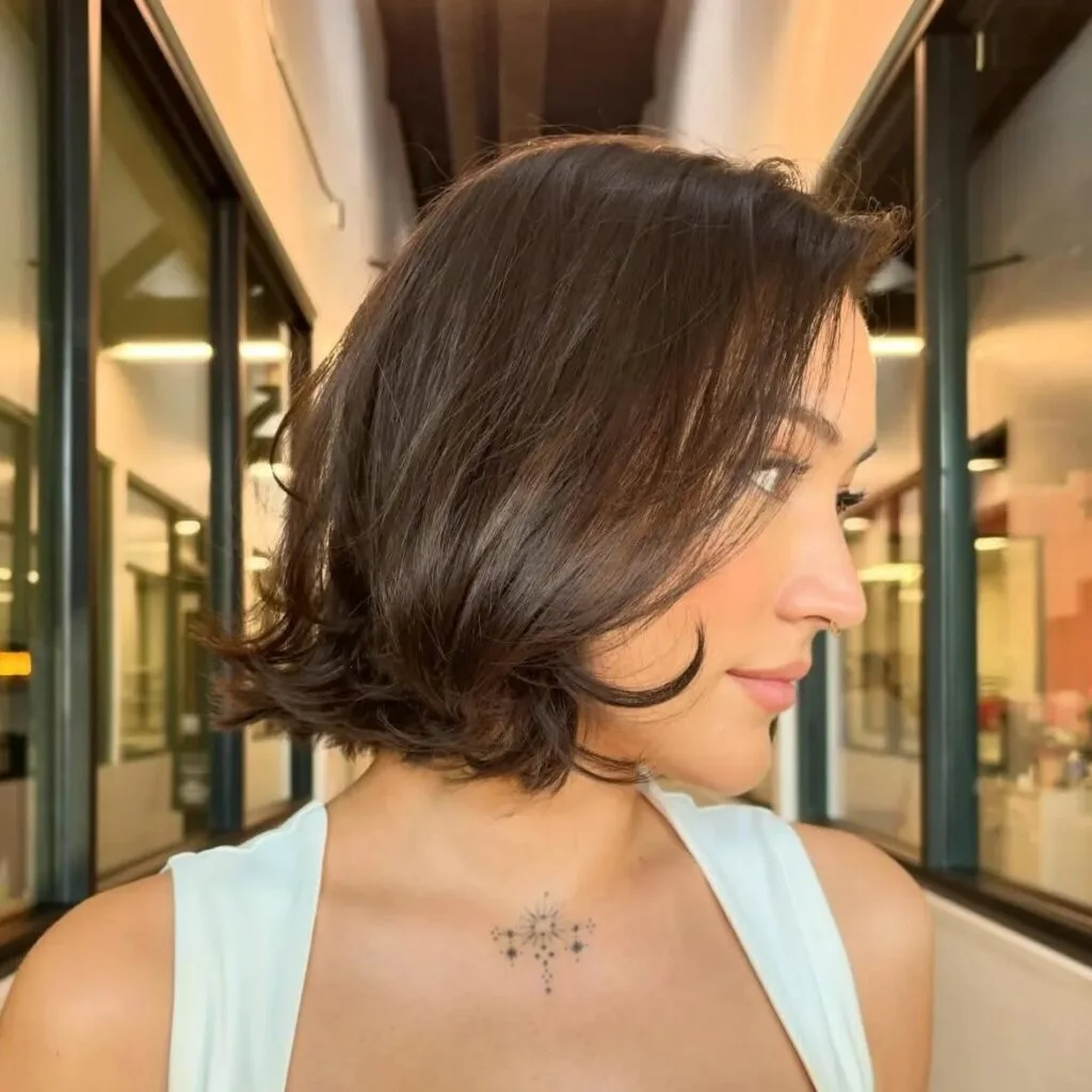 chin wavy chestnut bob shown as a textured bob for thin hair idea