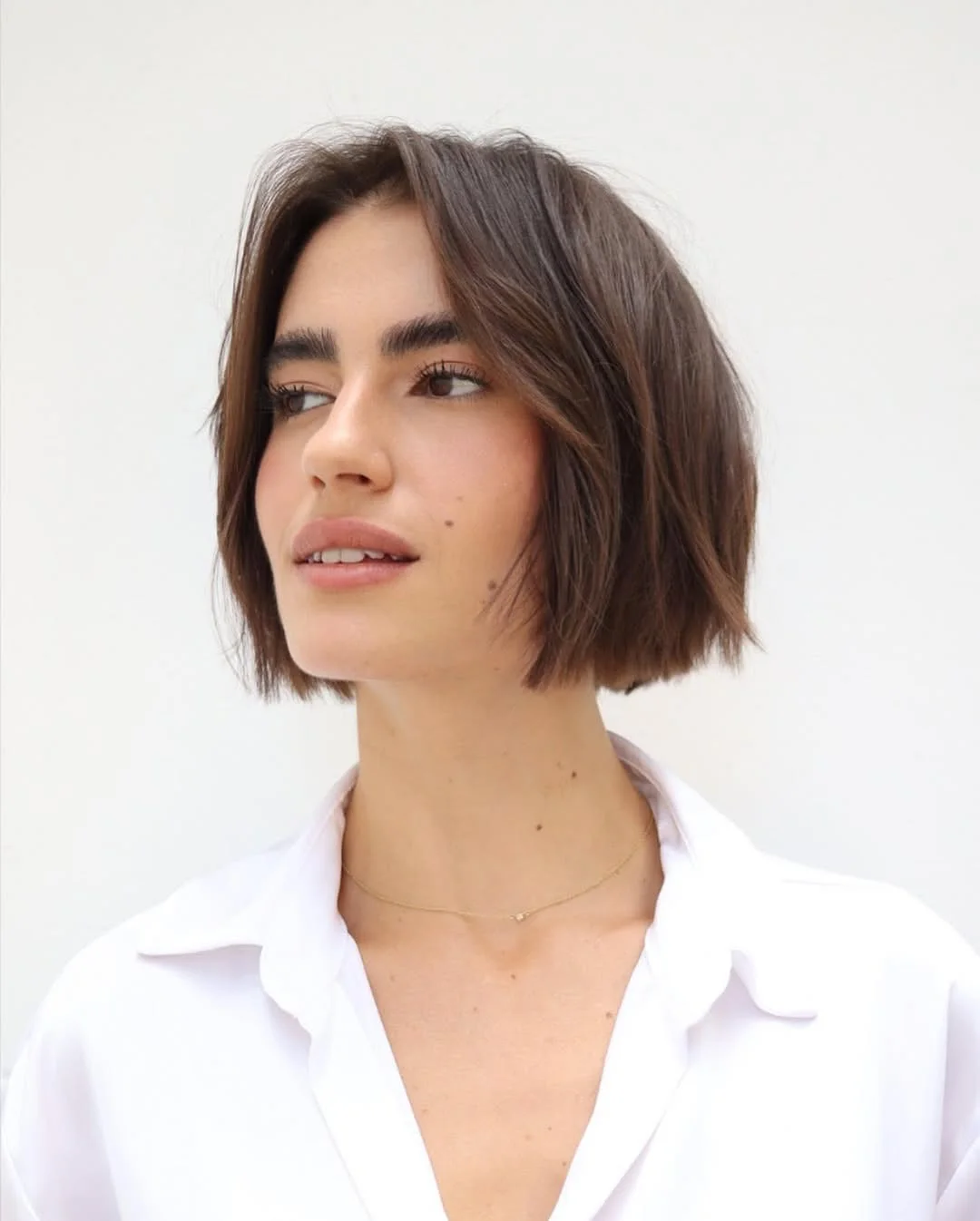 chin wavy chestnut bob shown as a textured bob for thin hair idea, featuring center part