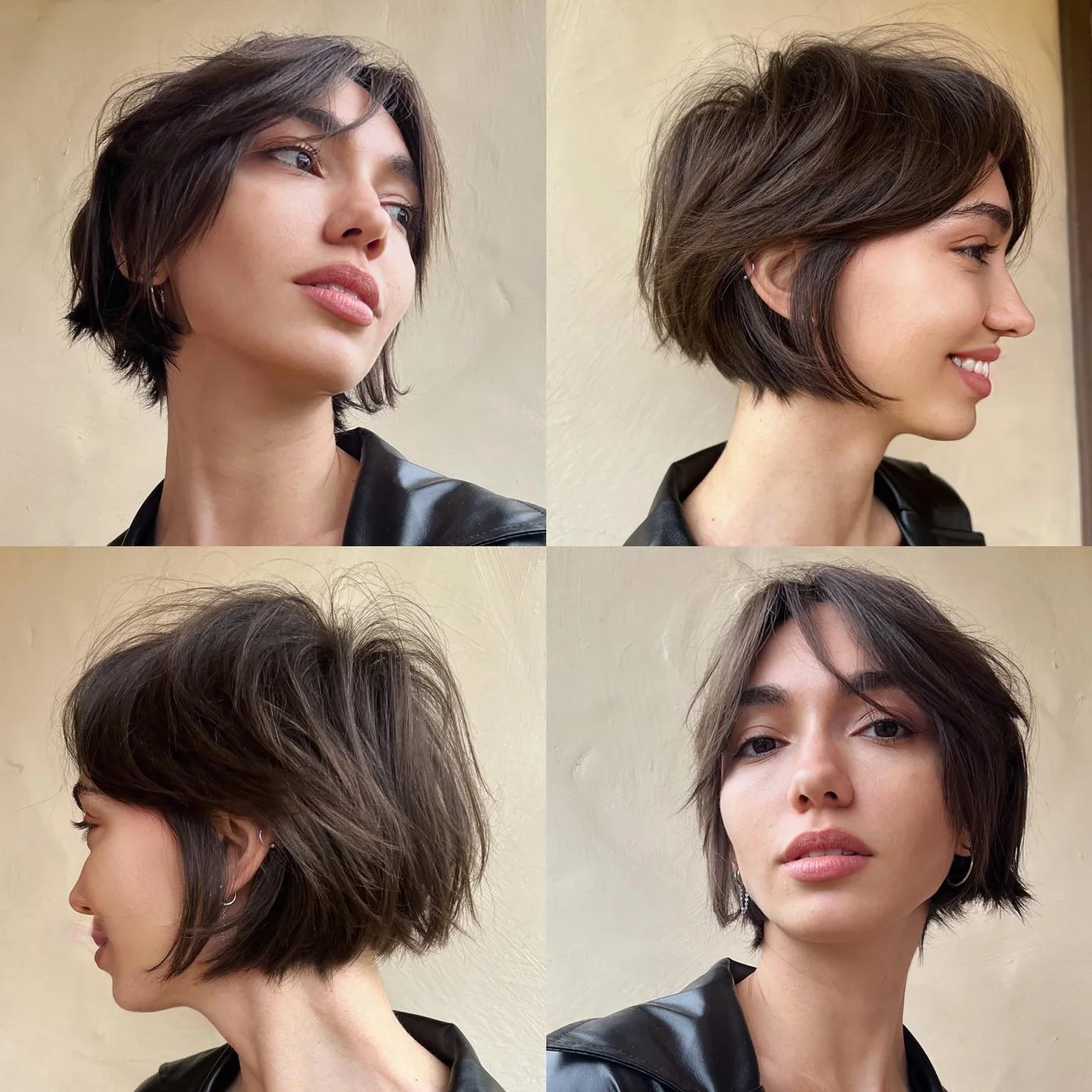 jaw wavy chestnut bob with curtain fringe shown as a textured bob for thin hair idea