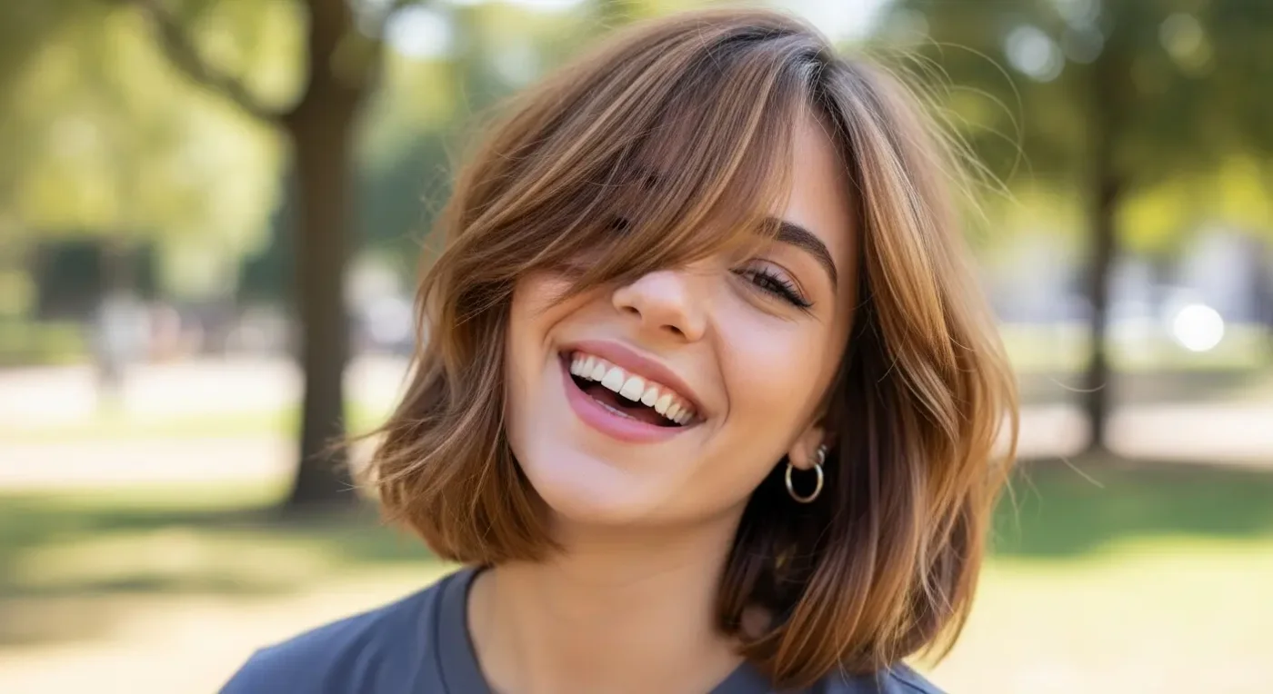 chin wavy chestnut bob shown as a textured bob for thin hair idea, featuring center part, shown in warm brunette flipped bob