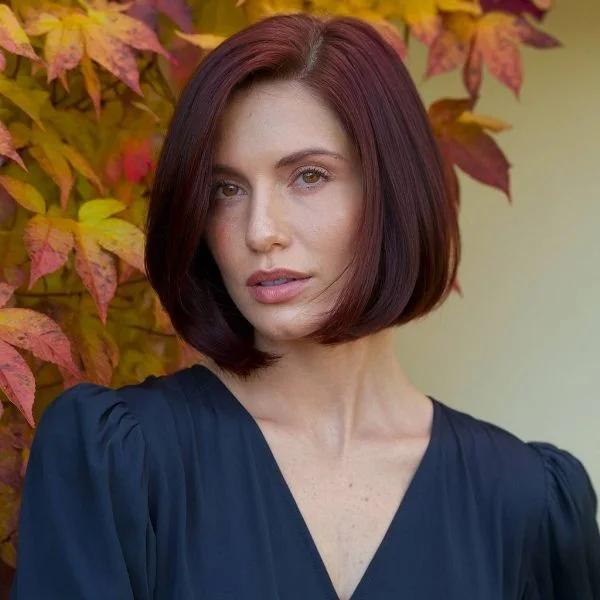 chin straight chestnut bob shown as a thin hair bob idea, featuring sleek finish