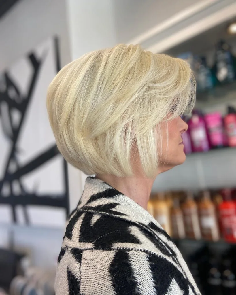 chin straight silver stacked bob shown as a thin hair bob idea