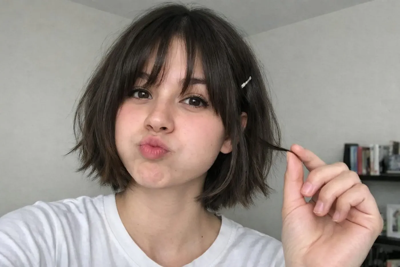 chin straight chestnut bob shown as a thin hair bob idea, featuring chestnut color, shown in black airy short bob