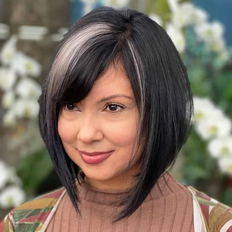 chin straight golden bob with side swept fringe shown as a thin hair hairstyles short idea, featuring straight texture