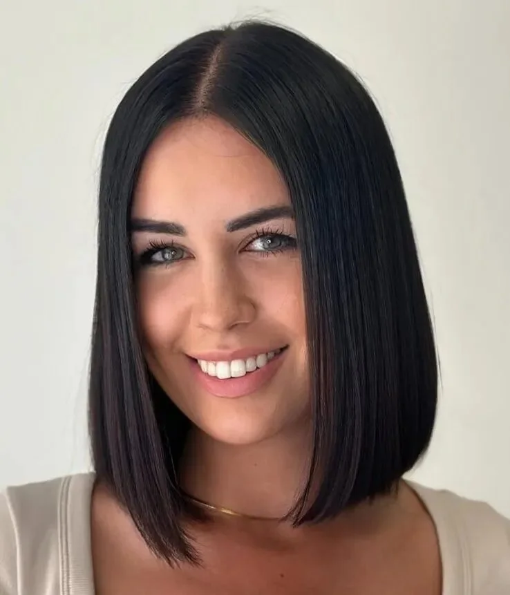 chin straight chestnut bob shown as a thin hair hairstyles short idea, featuring chestnut color