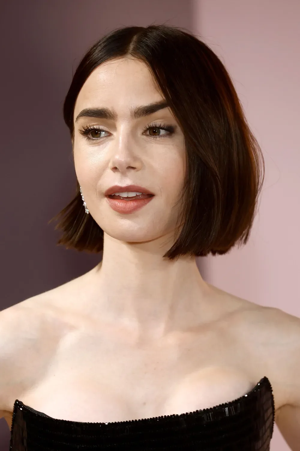 chin straight chestnut bob shown as a thin hair hairstyles short idea, featuring center part