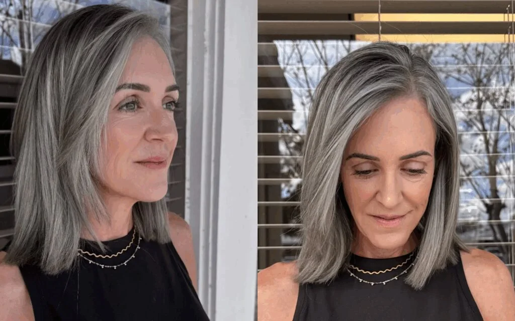 chin straight silver lob shown as a thin hairstyles for older women idea, featuring chin outline