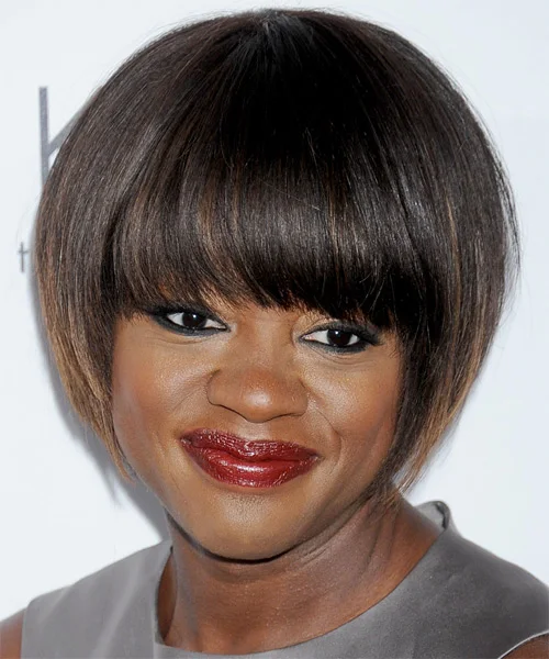 chin straight chestnut bob with blunt fringe shown as a thin hairstyles round face idea, featuring volume through the low volume