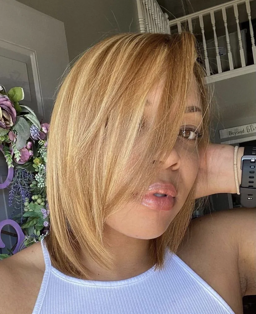 jaw straight golden bob with side swept fringe shown as a thin hairstyles round face idea