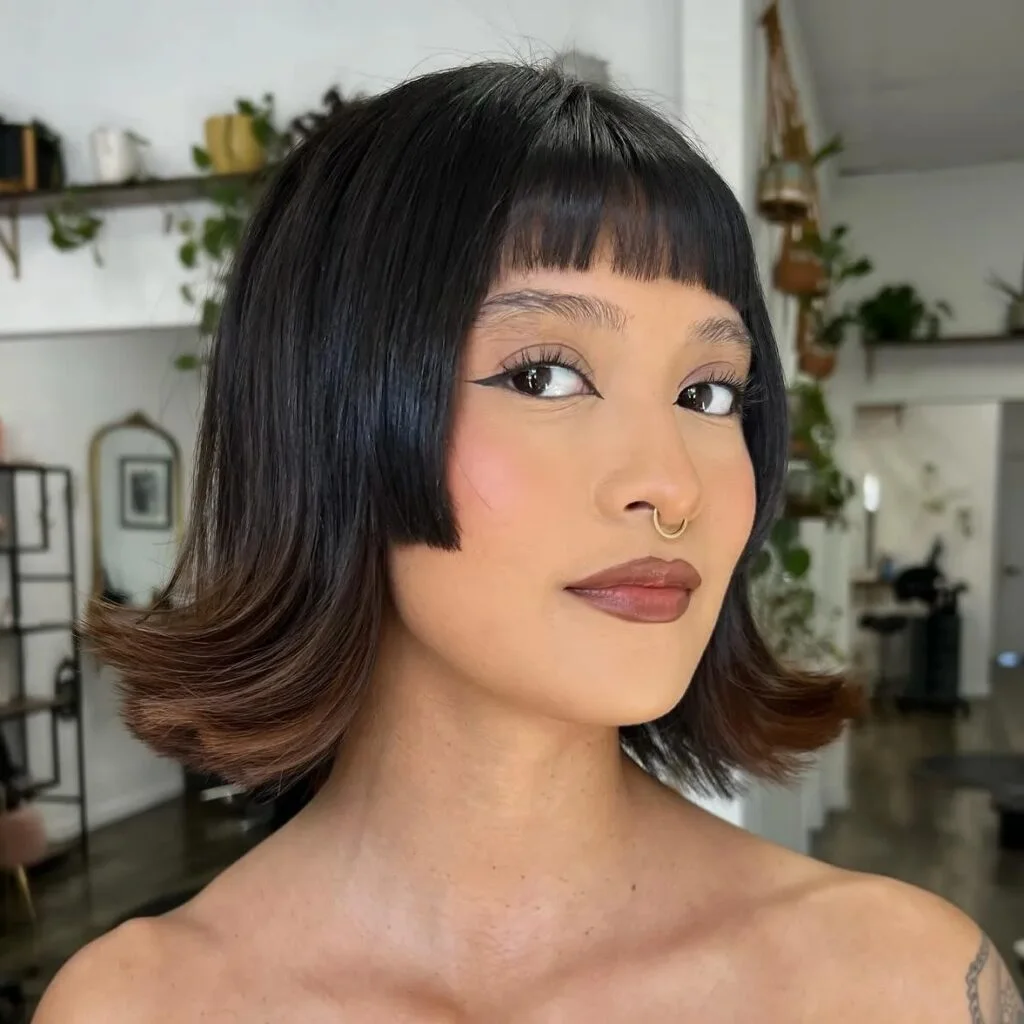 chin straight chestnut bob with micro fringe shown as a thin hairstyles round face idea