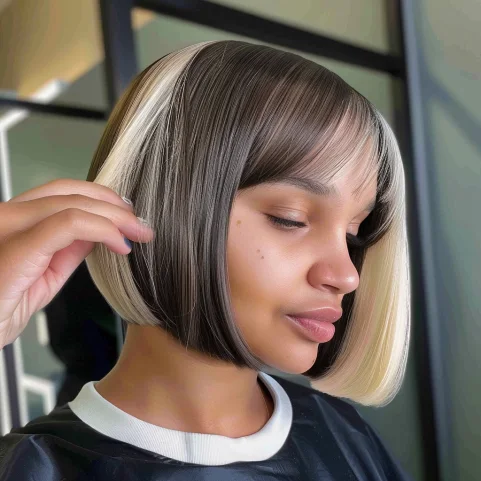 chin straight ash bob with blunt fringe shown as a thin hairstyles round face idea