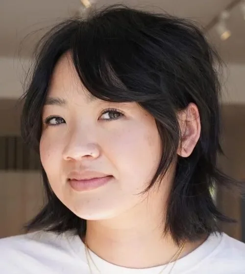 chin straight chestnut bob with curtain fringe shown as a thin hairstyles round face idea, featuring glossy finish