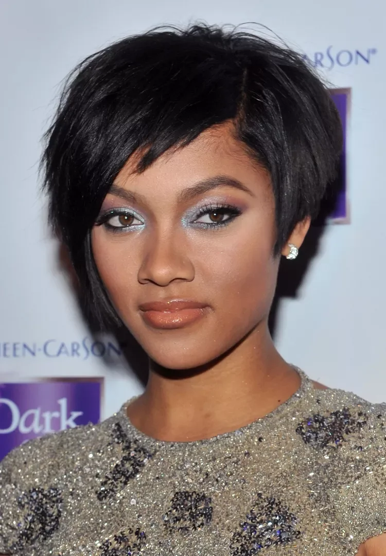 ear straight golden pixie with wispy fringe shown as a thin hairstyles with bangs idea, featuring ear outline