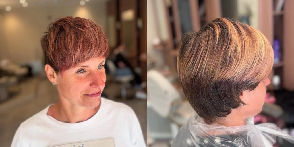 ear straight golden pixie with wispy fringe shown as a thin hairstyles with bangs idea, featuring wispy fringe