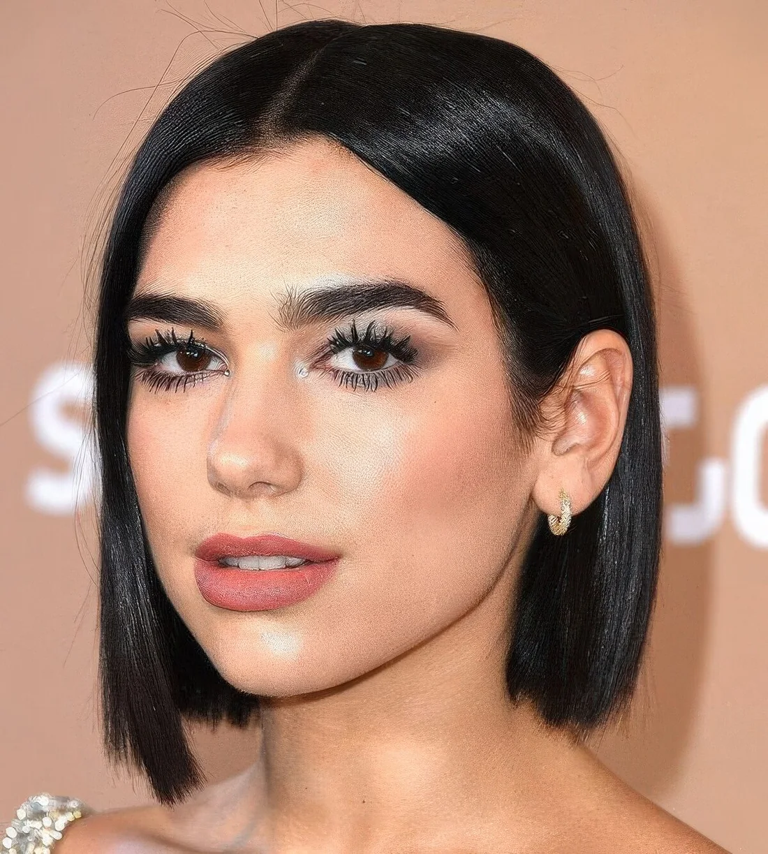 Shiny black blunt bob with center part.