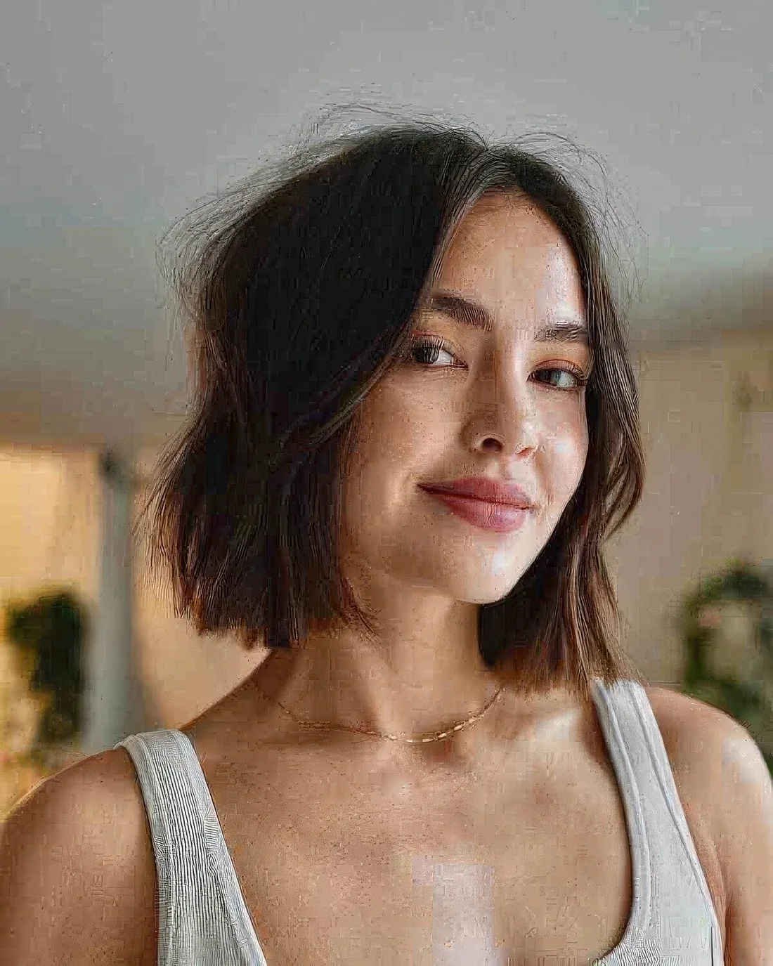 Tousled blunt bob with some texture for extra volume.