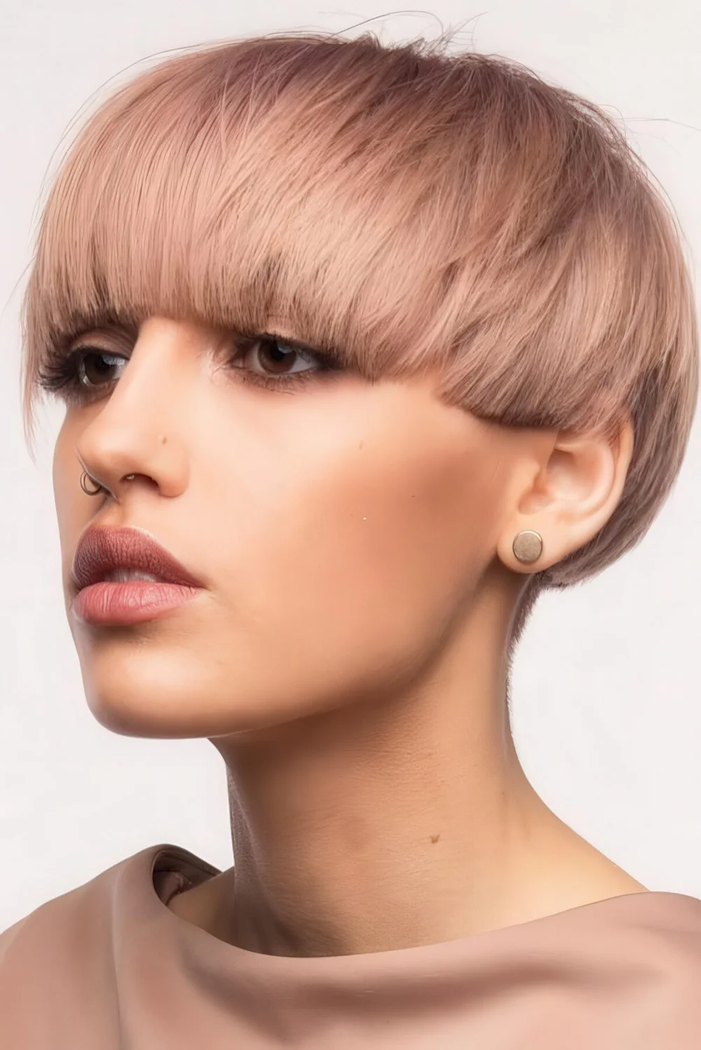 Bowl cut done in a soft pastel pink shade.