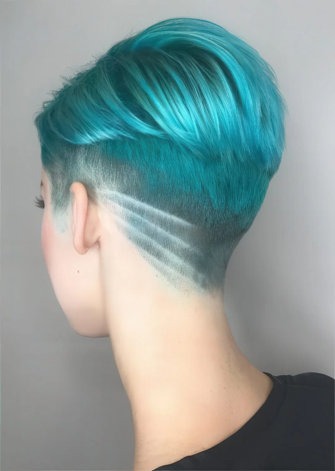 Turquoise undercut pixie with a shaved lower part and a pattern.