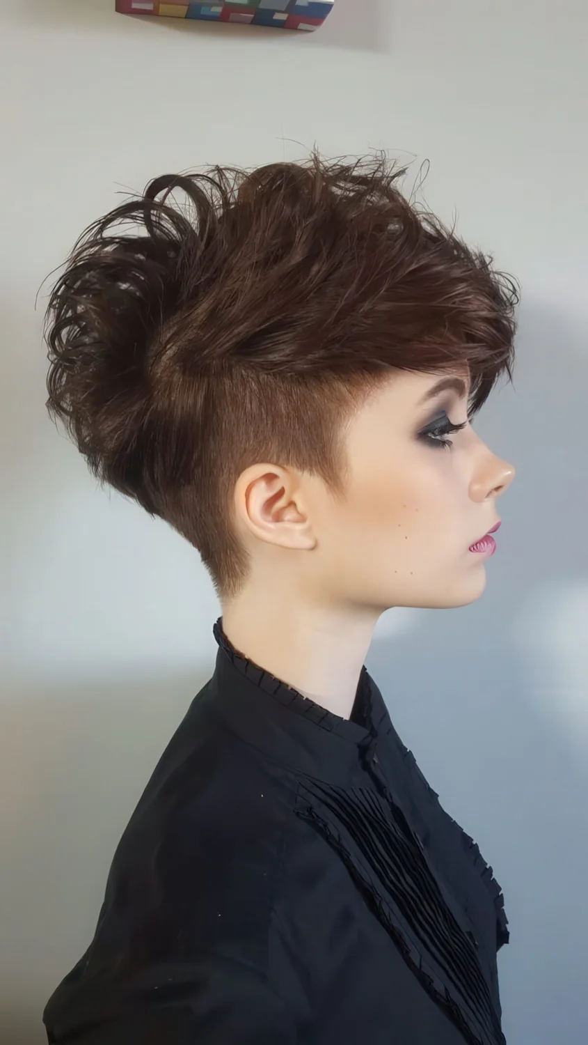 Undercut long pixie haircut in chestnut.