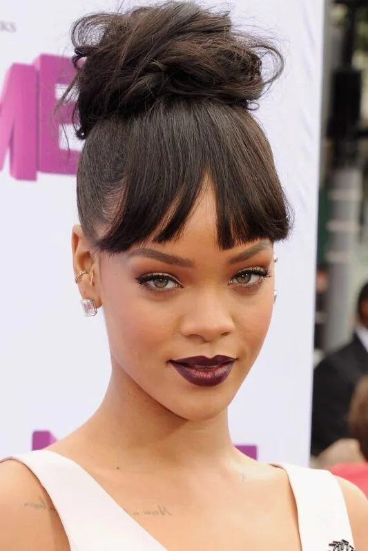 medium straight black updo with micro fringe shown as a updos for fine thin hair idea