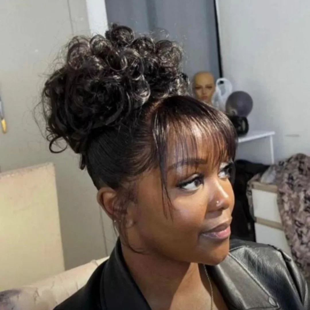 chest curly black updo with curly fringe fringe shown as a updos for fine thin hair idea