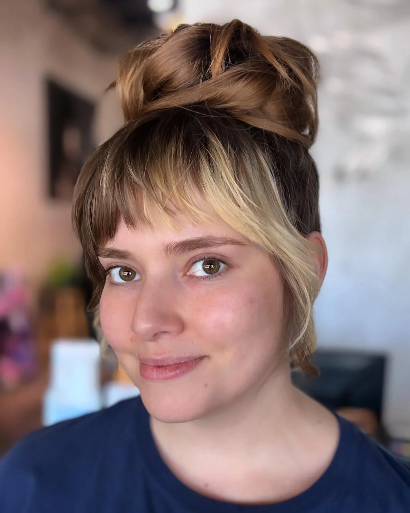 shoulder straight honey bun with micro fringe shown as a updos for fine thin hair idea