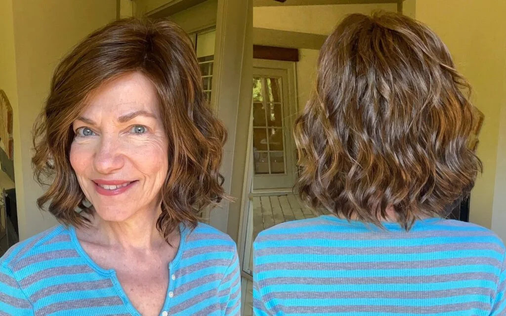 ear wavy chestnut bob shown as a wash and wear haircuts for women over 60 idea