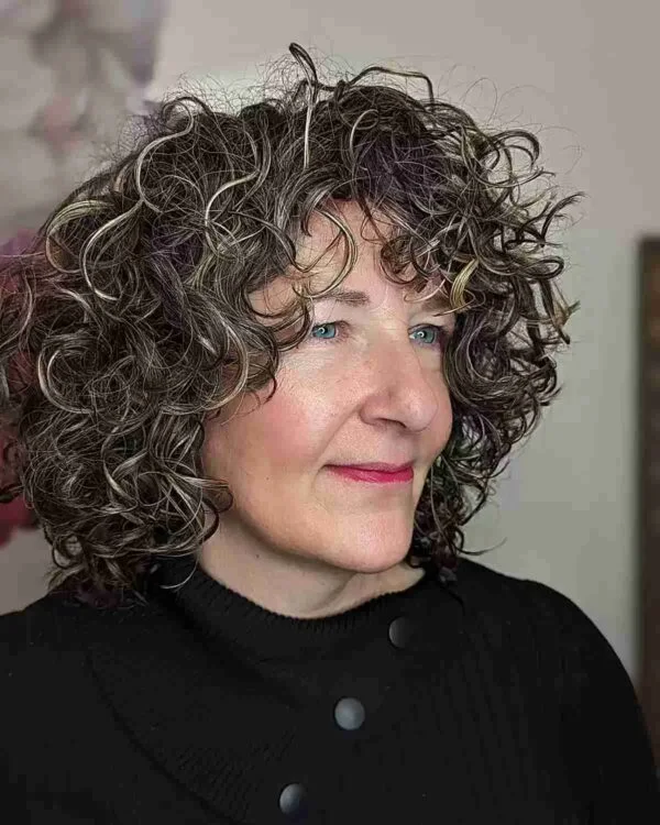 shoulder curly chestnut shag with curly fringe fringe shown as a wash and wear haircuts for women over 60 idea