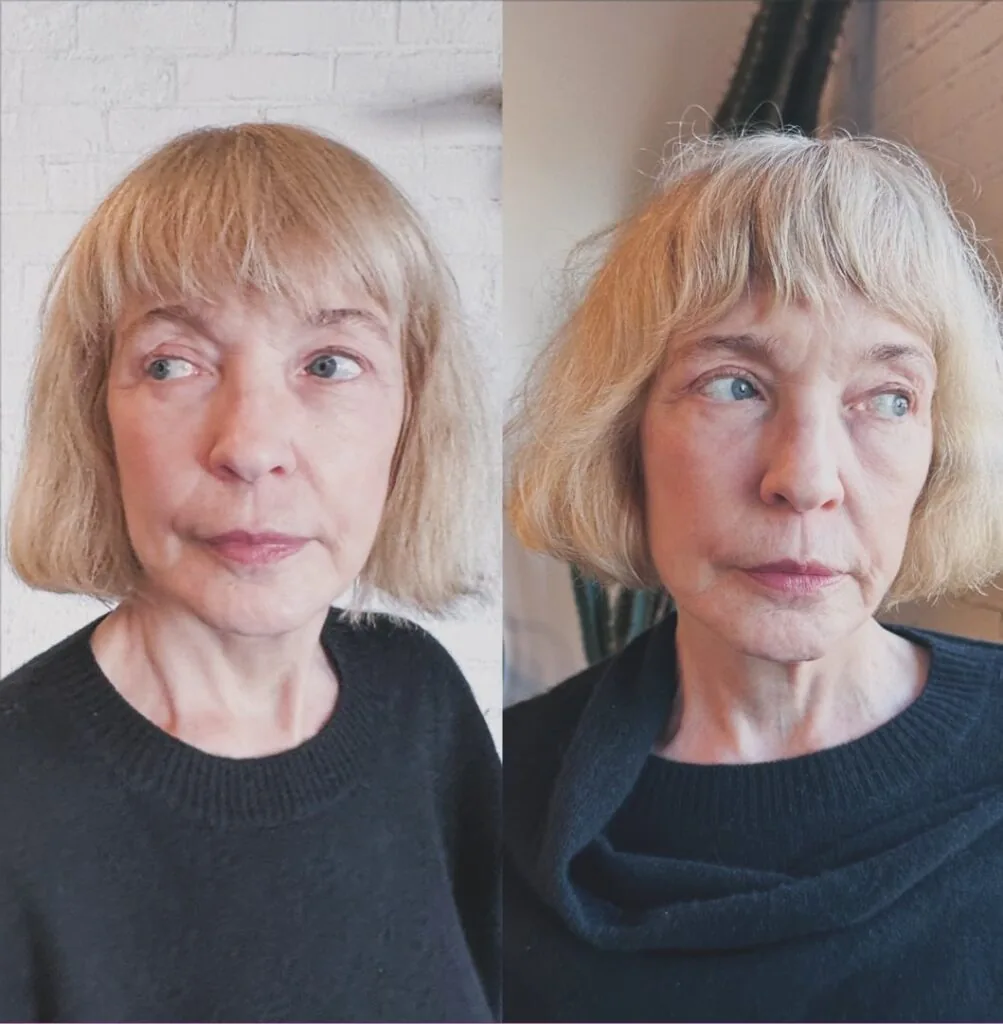 chin straight blonde bob with wispy fringe shown as a wash and wear hairstyles women over 70 thin fine hair idea