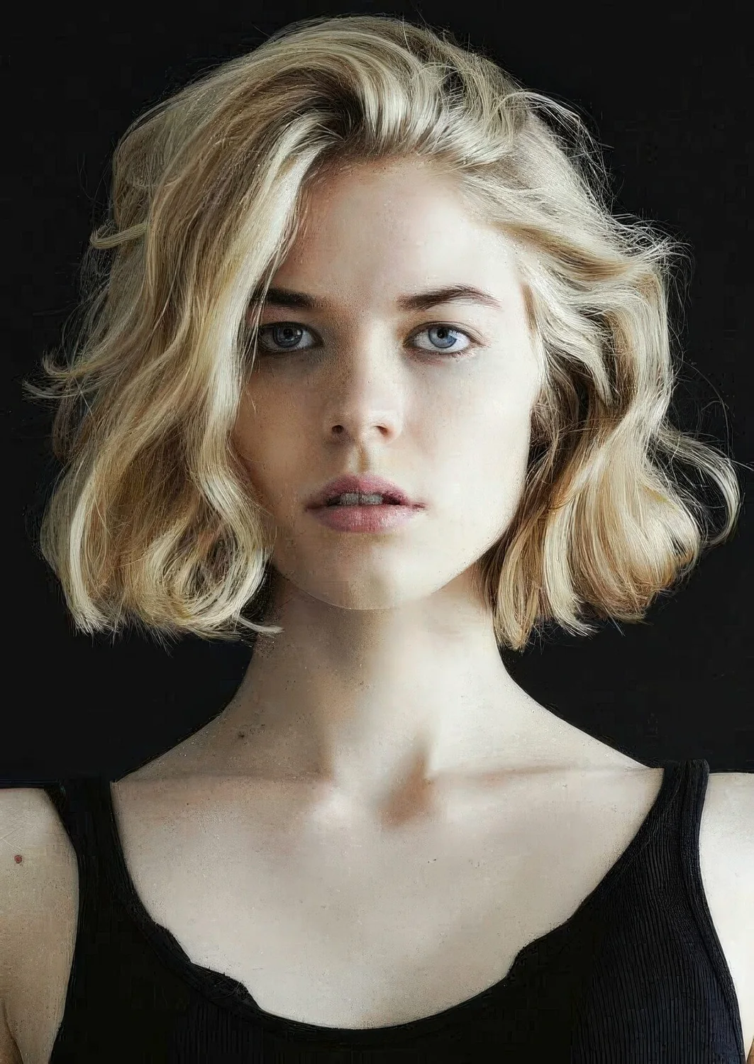 Blonde wavy bob with messy part and chin-length.