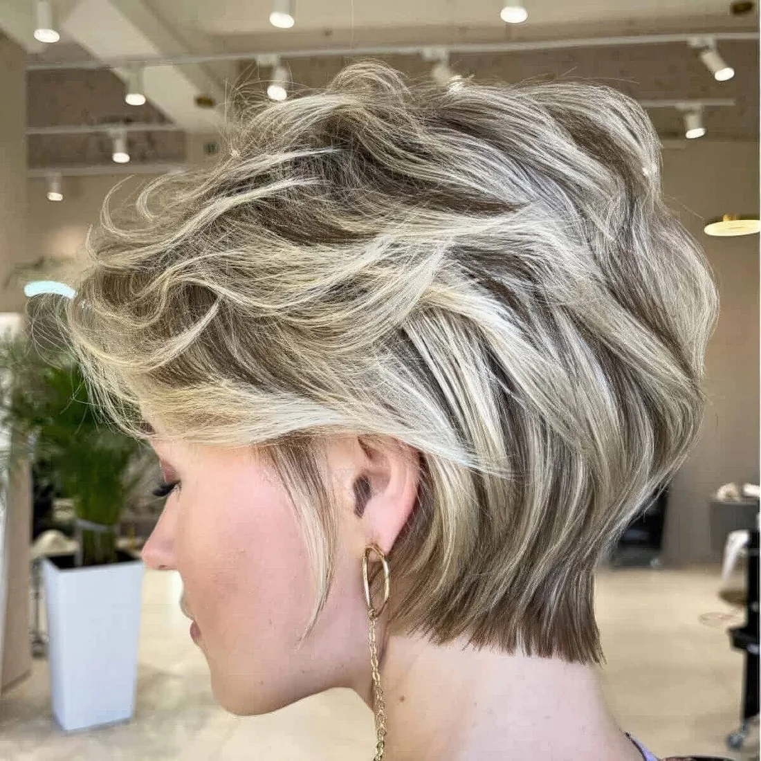 Short and feminine pixie haircut with blonde balayage.
