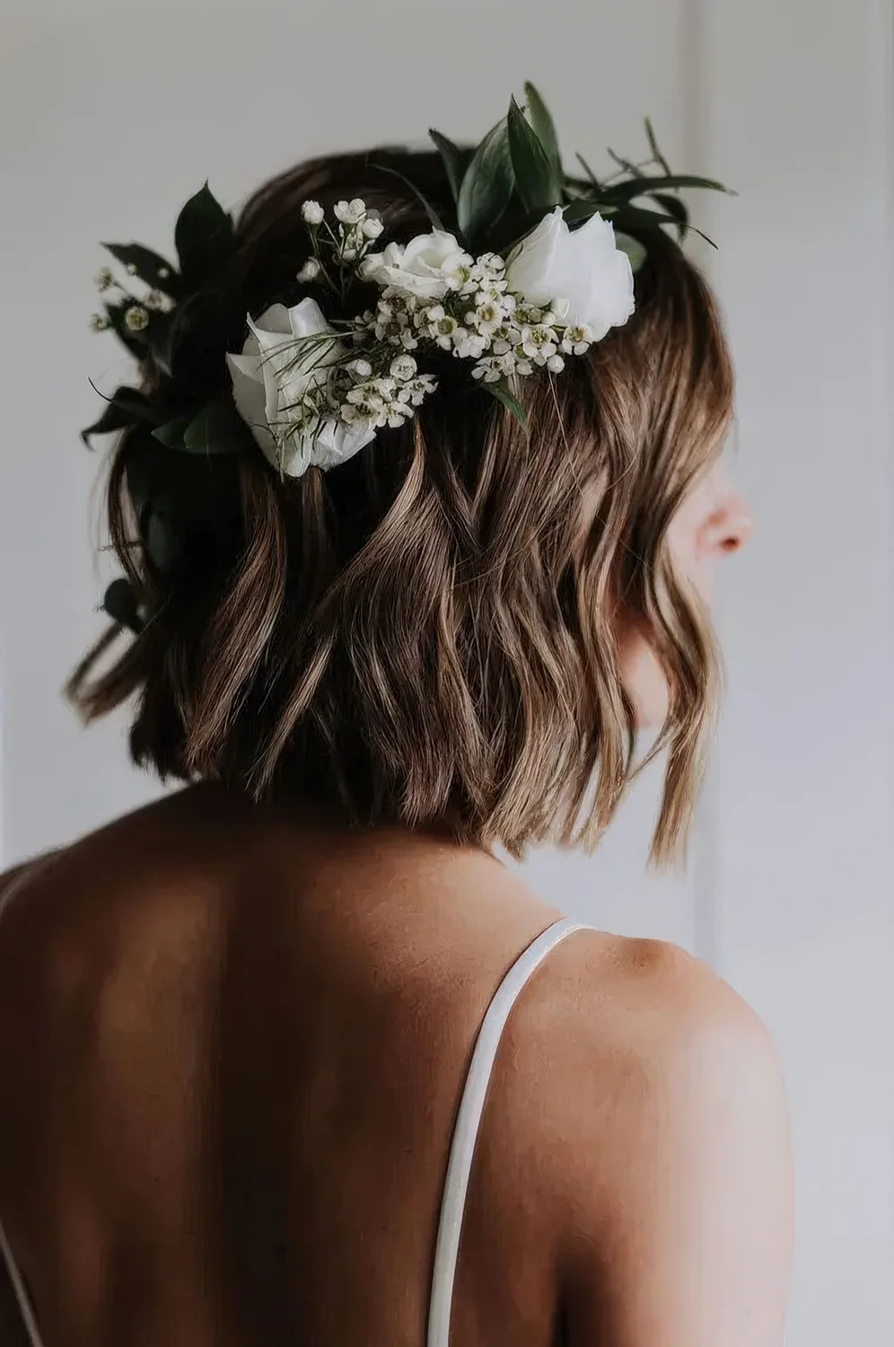 Light brunette wavy long bob accented with white blooms and greenery.