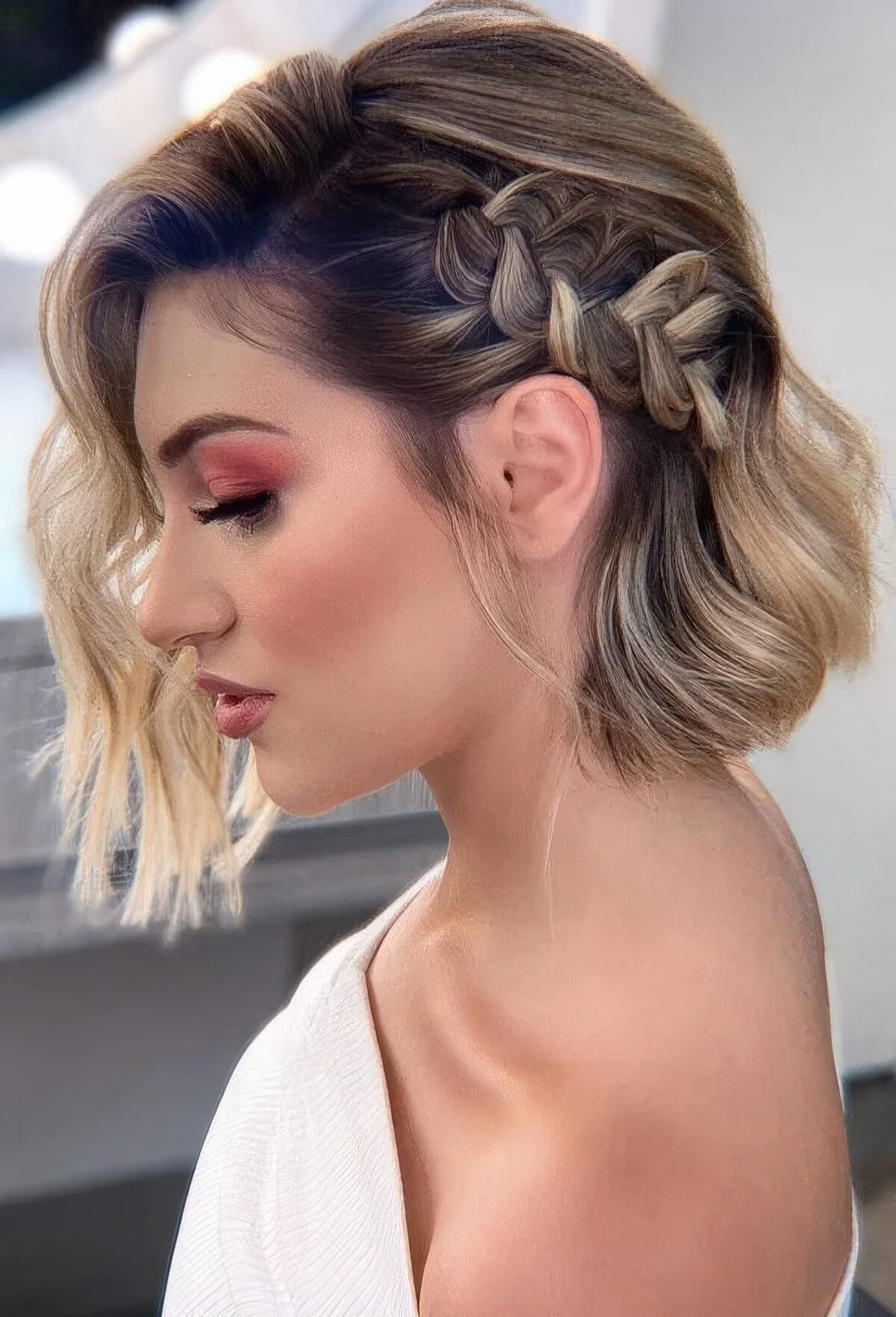 Long bob accented with a single loose side braid and waves.