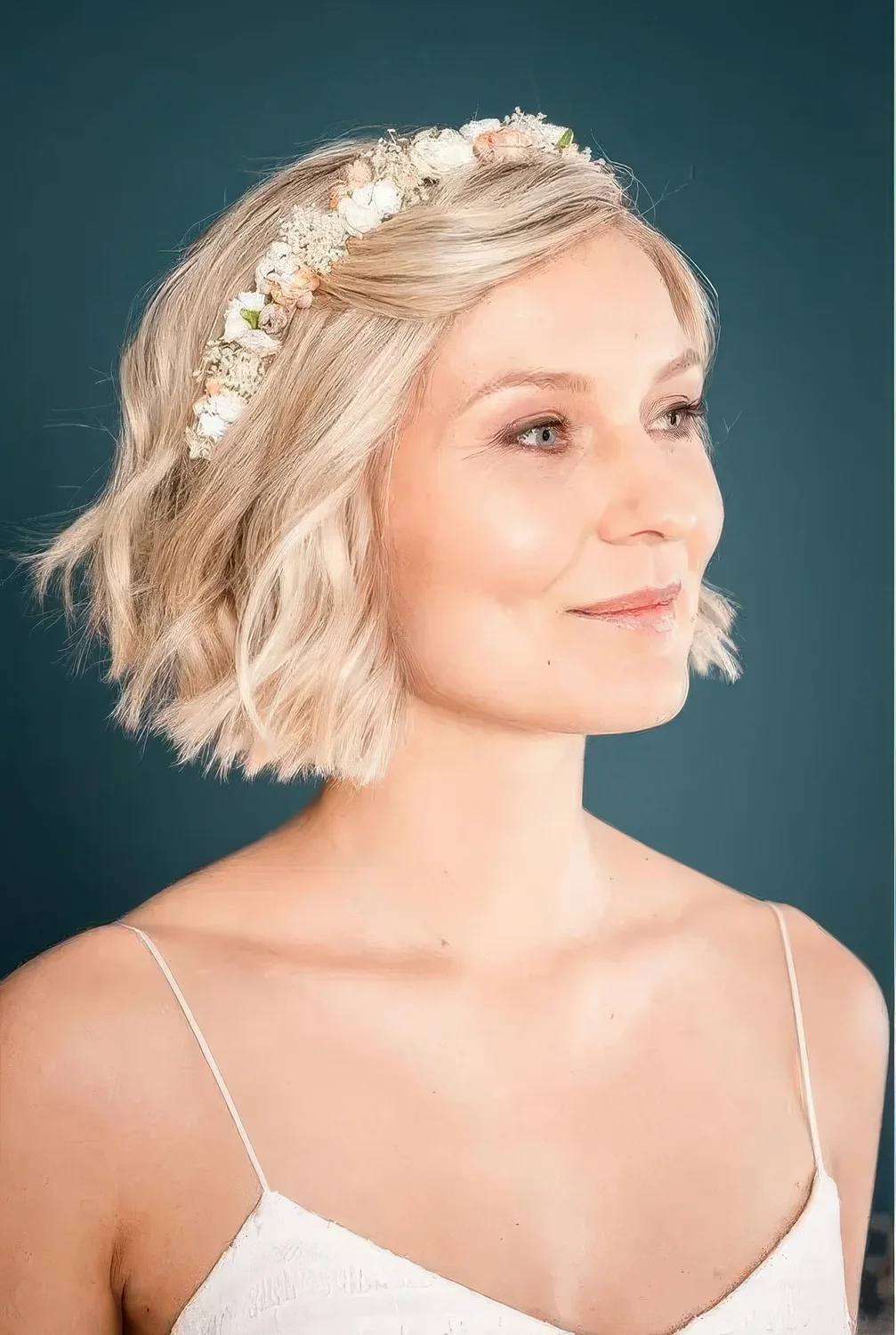 Soft blonde wavy bob with a fresh flower headband.