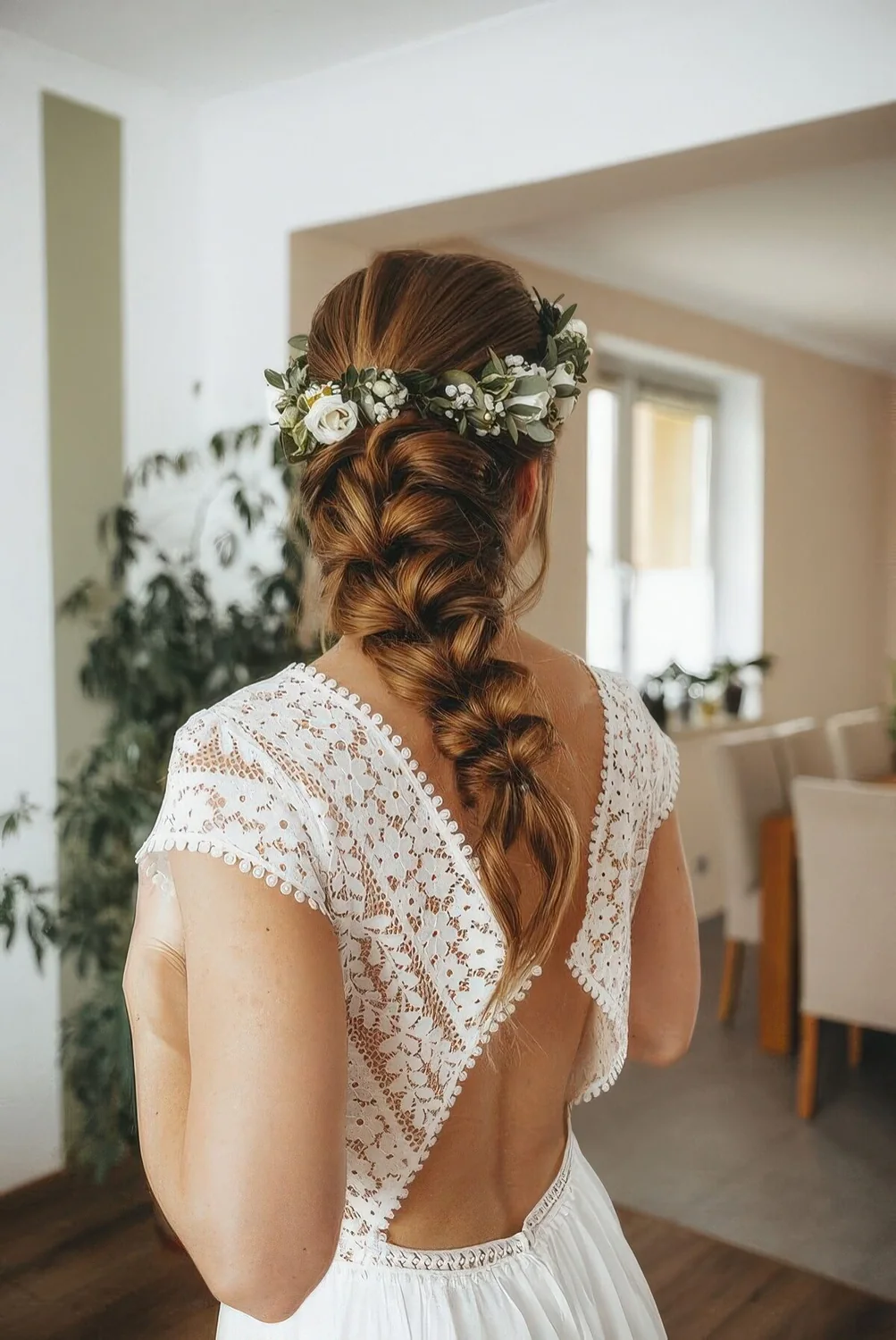 Loose braid with an additional floral hair crown.