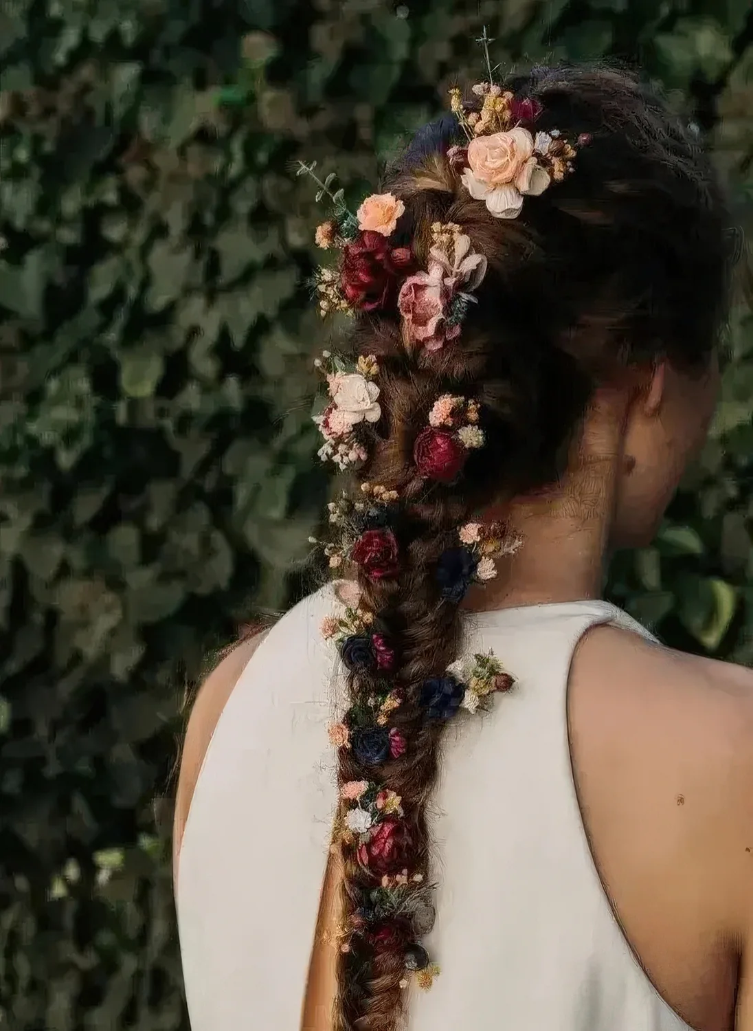 Thick and long fishtail braid with burgundy, pink and black blooms tucked in for a fall boho bride.