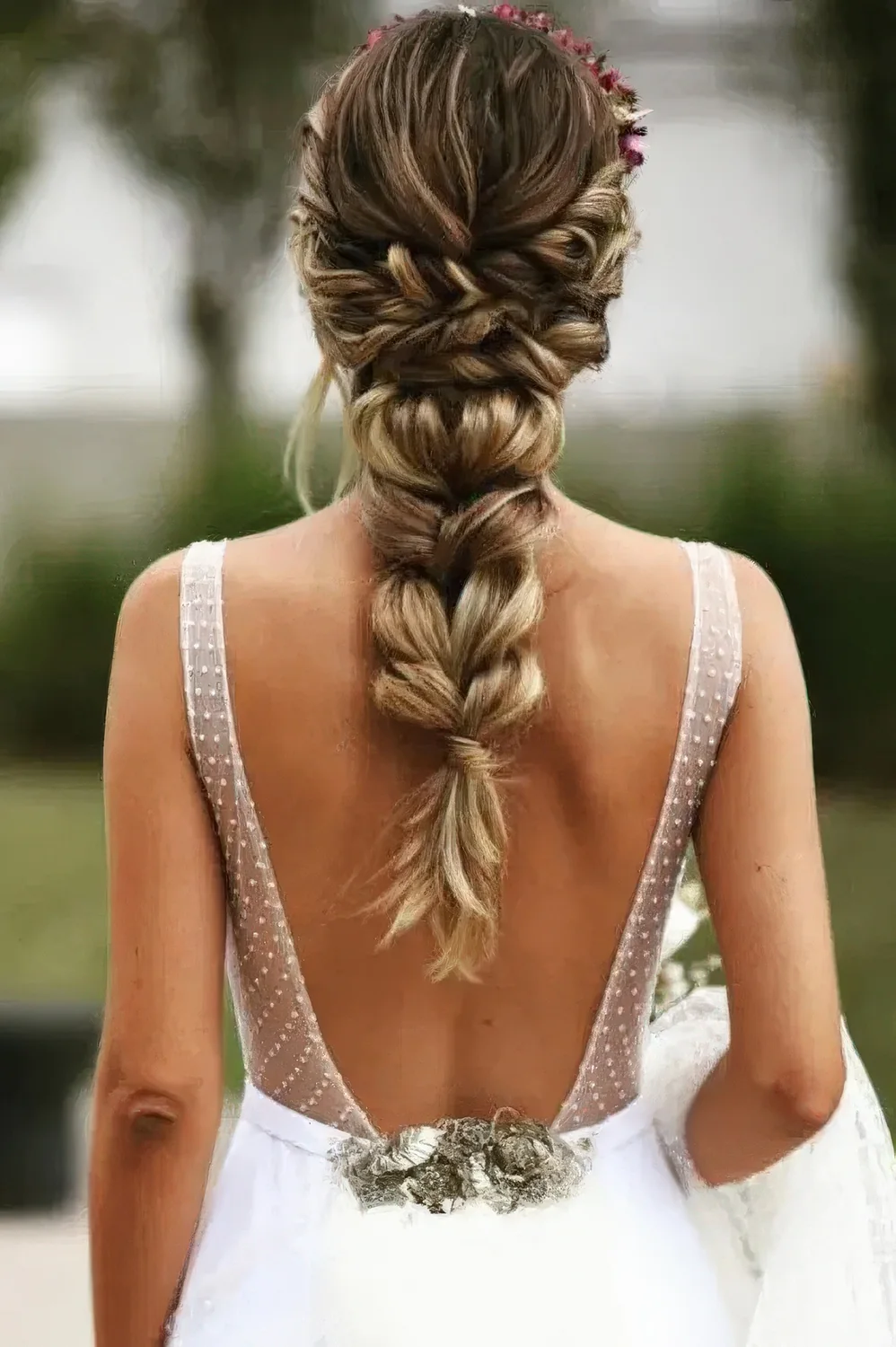 Twisted braid with a double twisted halo and a floral headpiece.