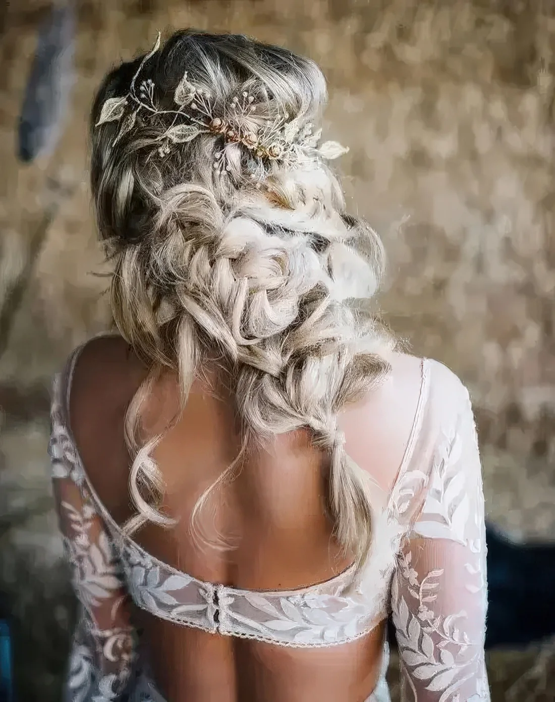 Twisted and braided half updo with locks down and a beautiful embellished hair vine.