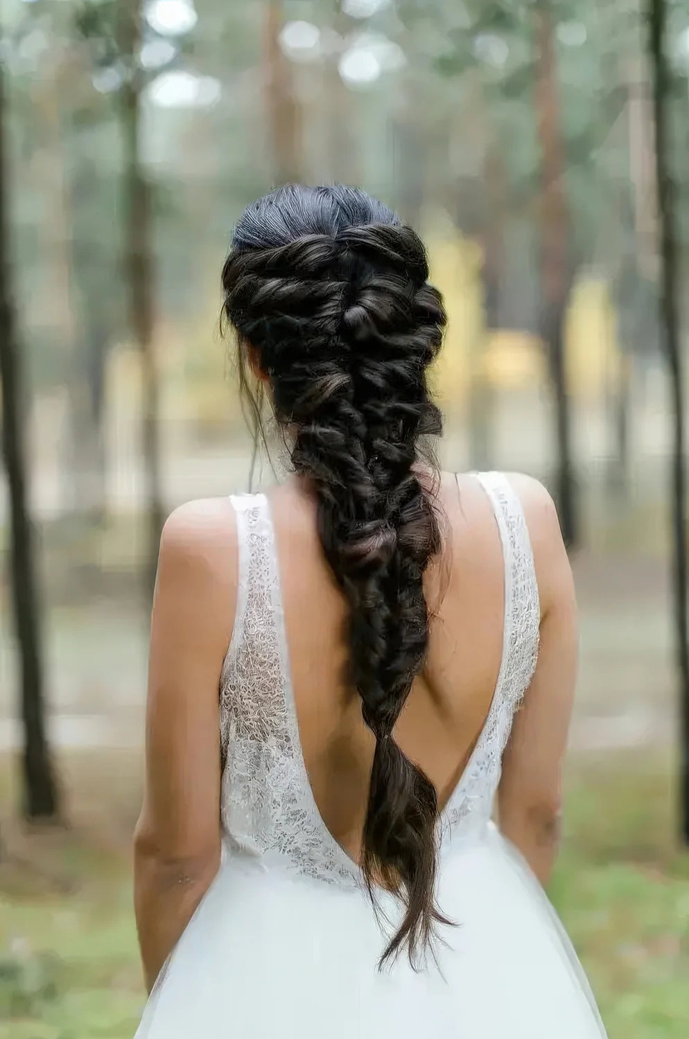 Creative twisted braided hairstyle on long and thick hair for a relaxed look at a wedding, it.