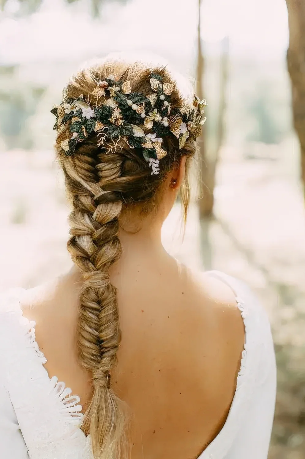 Creative wedding braid with a fishtail, then usual and then fishtail braid plus leaves decorating the back of the head.