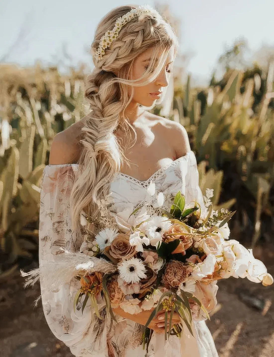 Boho bridal hairstyle with a braided halo and a loose fishtail side braid plus a chamomile headband.