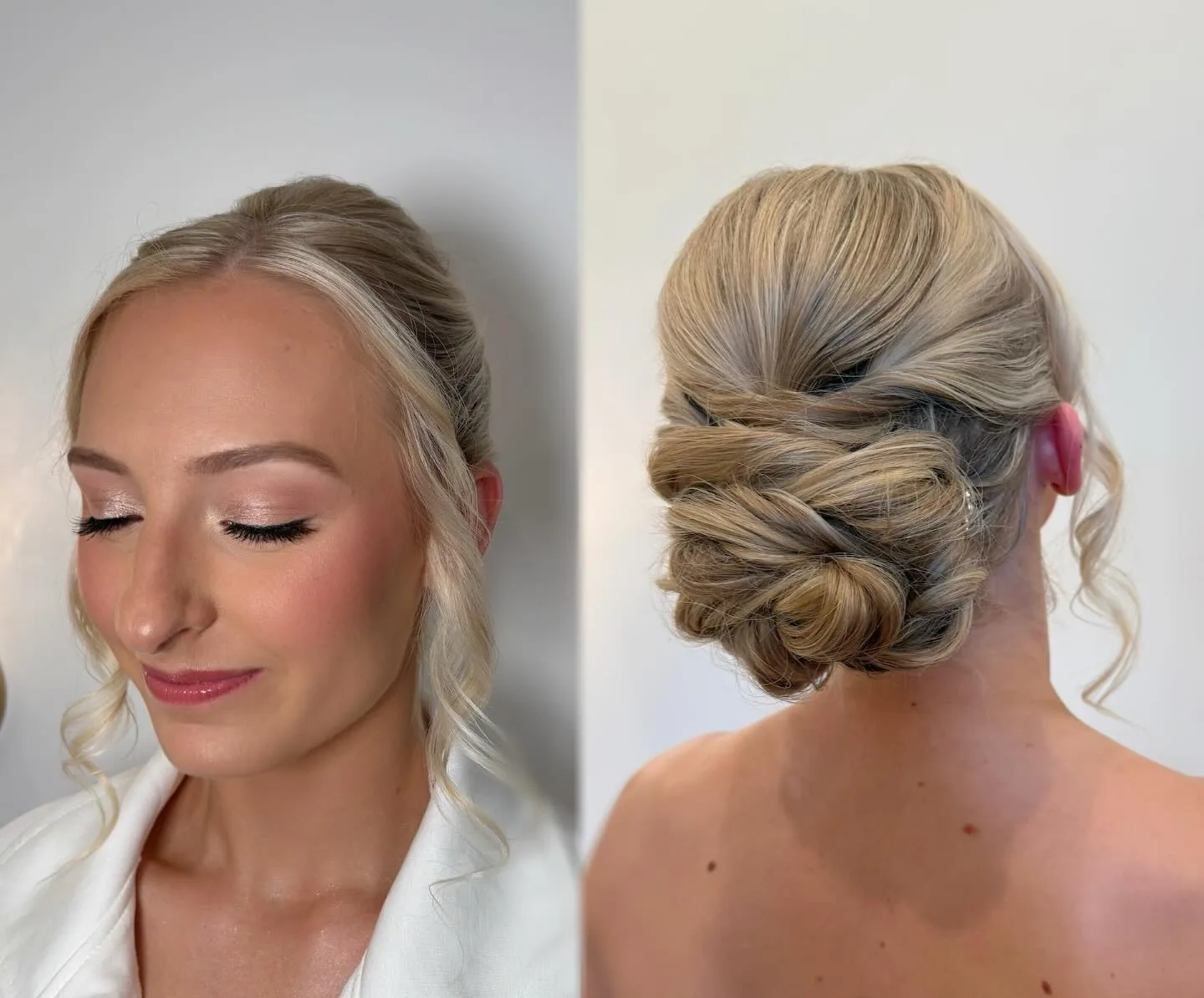 shoulder wavy blonde updo shown as a wedding guest hairstyle idea