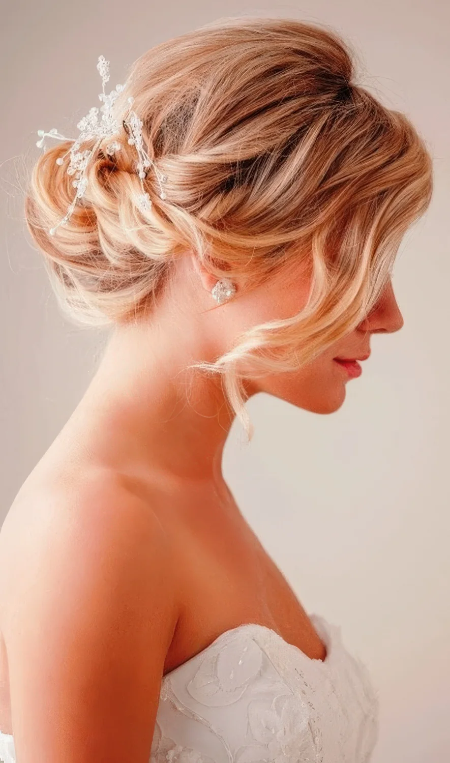 Low twisted chignon with a bump on top, a rhinestone hairpiece and long side bangs.